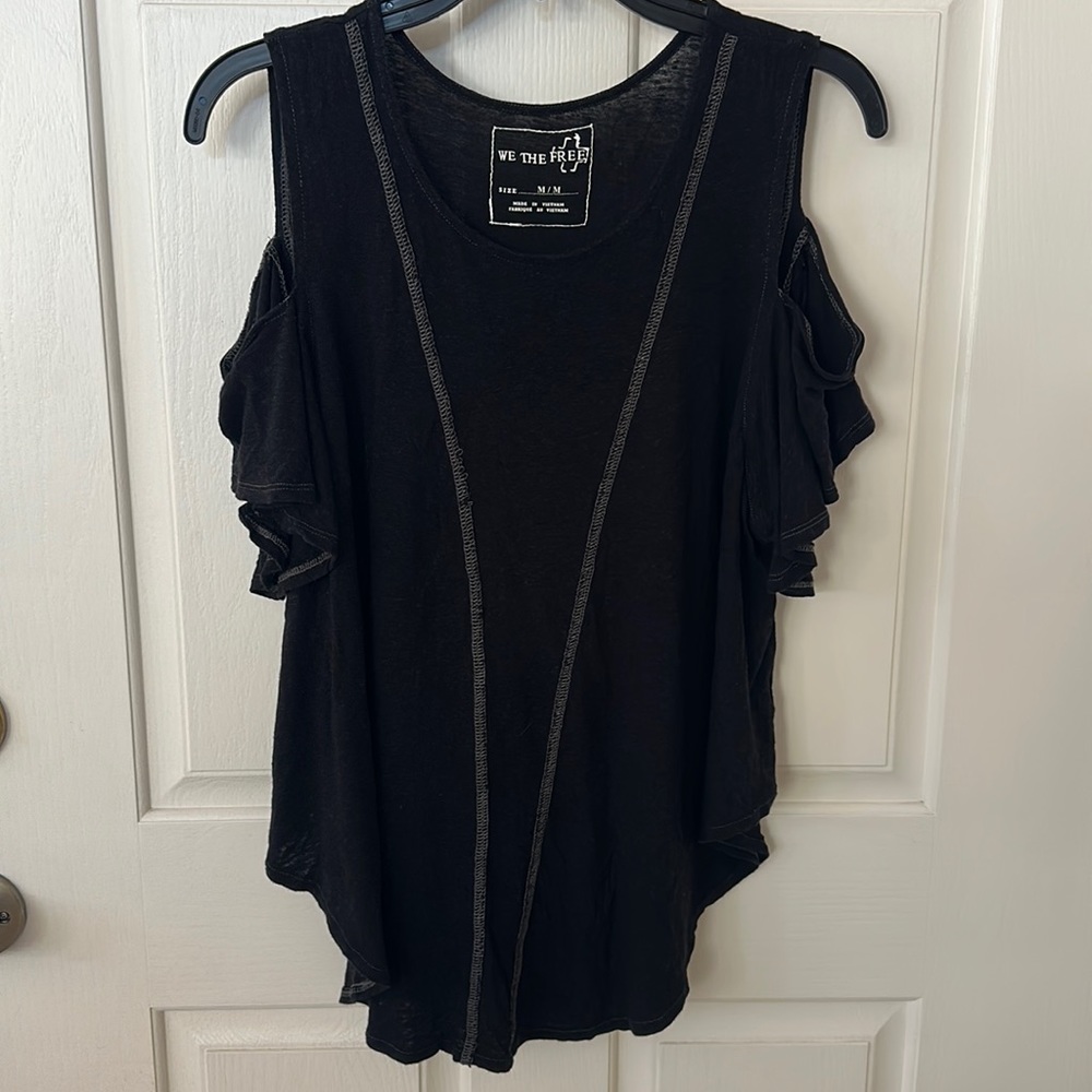We The Free Black Cold-Shoulder Ruffle Sleeve Top